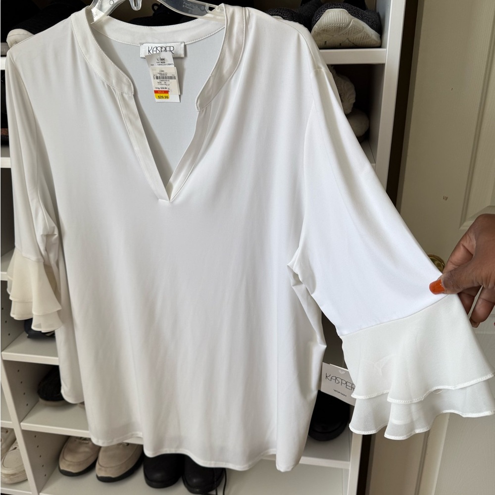 Kasper Women's Elegant White Blouse with Ruffle Sleeves
